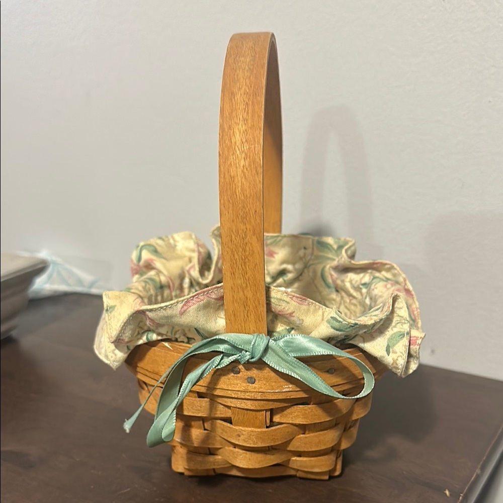 Longaberger Woven Basket with Floral Liner and Blue Ribbon
